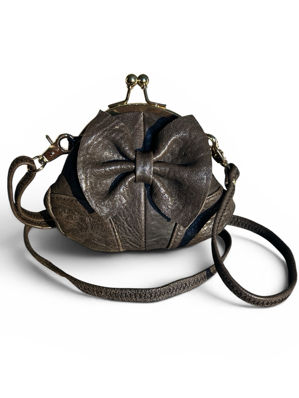 Verde Vintage Mini Crossbody Pouch Bag in Brown Leather with Bow Accent